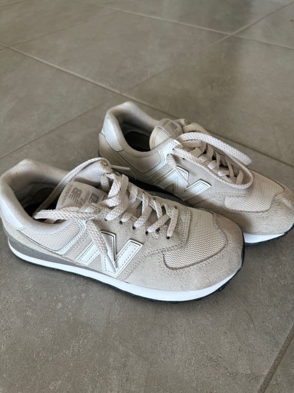 New Balance Beige & White Suede-Trim Sneakers